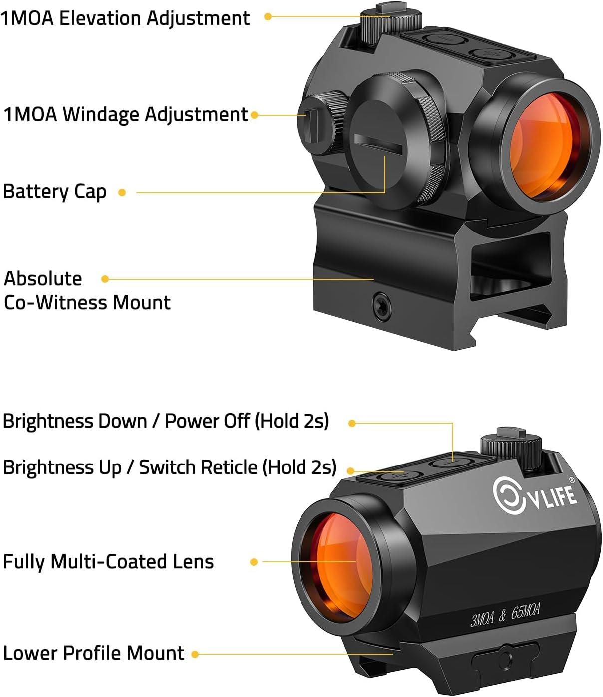 image:imageCVLIFE Multiple Reticle Red Dot Sight Motion Awake Red Dot amp Circle 1x20mm Optics Scope with Absolute CoWitness Riser and Low Mount for 21mm Picatinny IPX7 Waterproof amp Fogproof 50000H RuntimeBlack