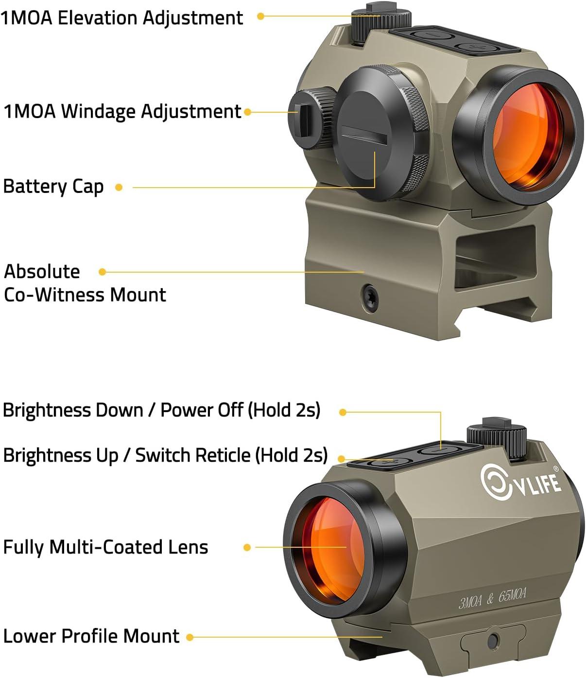 image:imageCVLIFE Multiple Reticle Red Dot Sight Motion Awake Red Dot amp Circle 1x20mm Optics Scope with Absolute CoWitness Riser and Low Mount for 21mm Picatinny IPX7 Waterproof amp Fogproof 50000H RuntimeSand