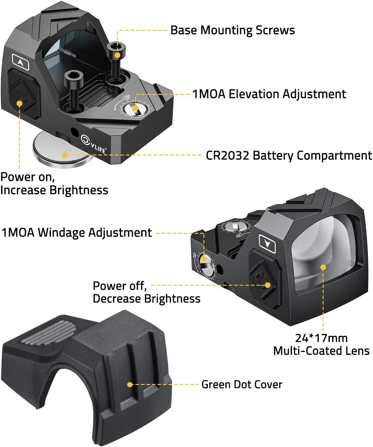 image:imageCVLIFE WolfCloak Motion Awake 2MOA RedGreen Dot Scope for RMR Cut Footprint Shockproof and Waterproof Red Dot Sight Open Reflex Optics with Adapter Plate for MOS and 21mm Picatinny BaseGreen Dot