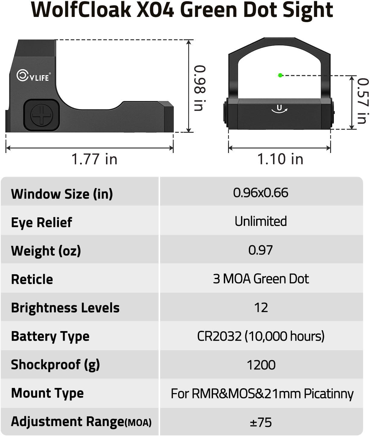 image:imageCVLIFE WolfCloak X04 Motion Awake Green Dot Sight for RMR Cut Footprint 3 MOA Green Dot Open Reflex Sight 24mm Lens Optics Scope for FullSized Pistols Adapter for Glock MOS amp 21mm Picatinny Base