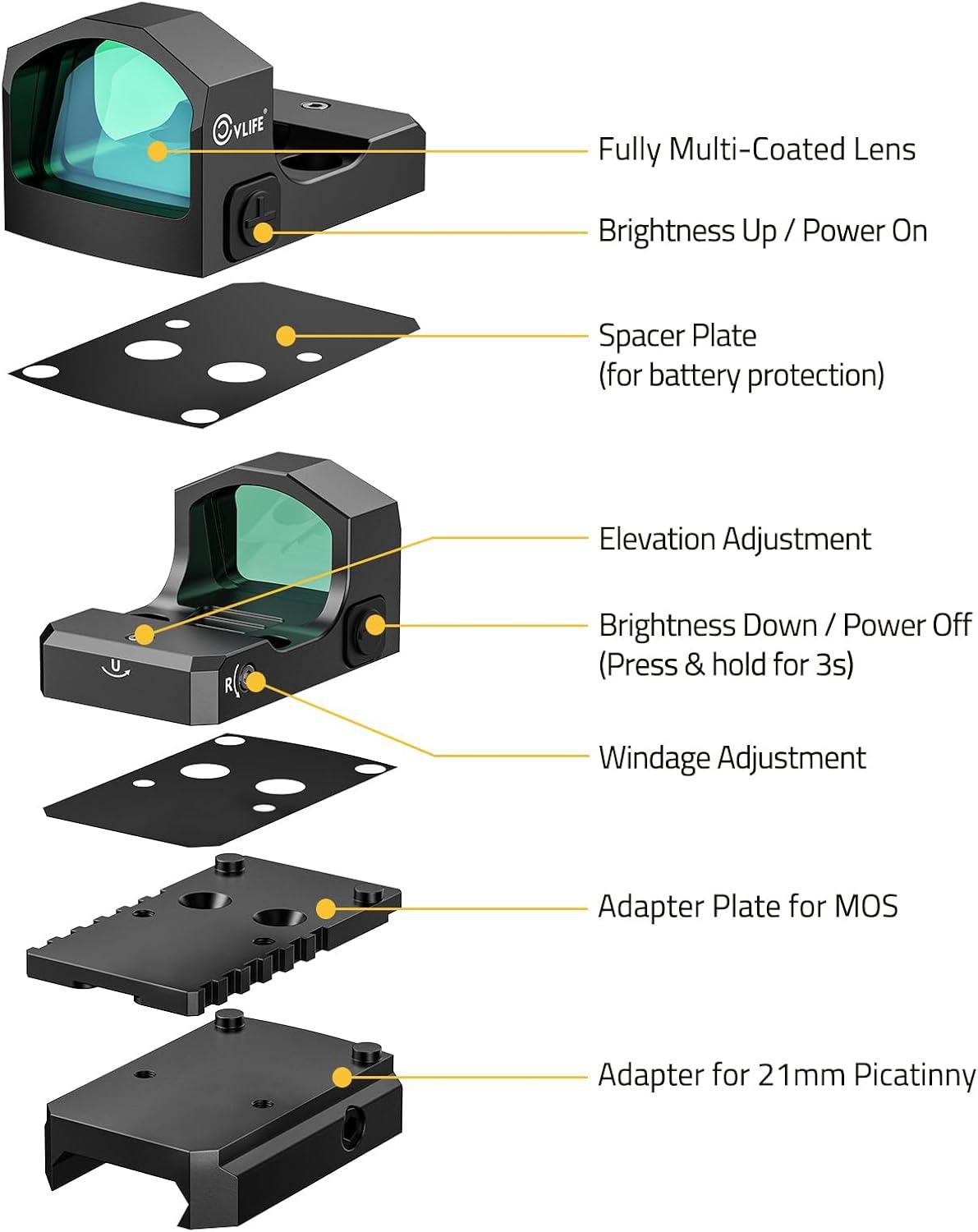 image:imageCVLIFE WolfCloak X04 Motion Awake Green Dot Sight for RMR Cut Footprint 3 MOA Green Dot Open Reflex Sight 24mm Lens Optics Scope for FullSized Pistols Adapter for Glock MOS amp 21mm Picatinny Base
