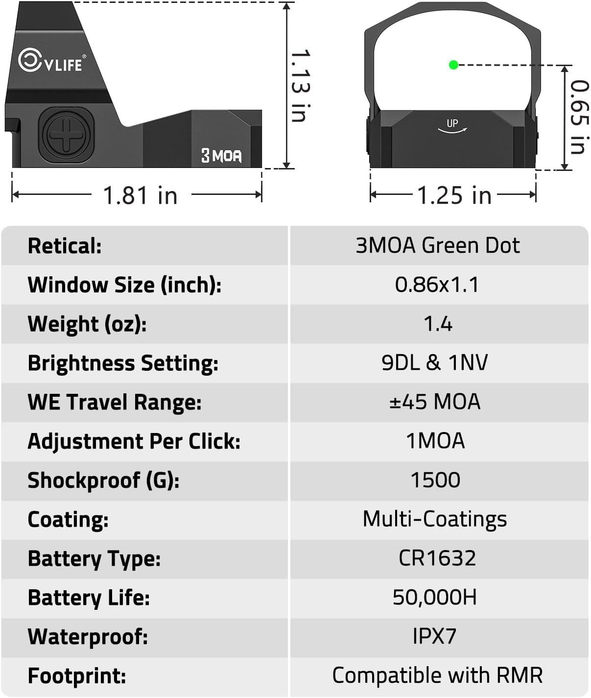 image:imageCVLIFE WolfCovert FullSized Optic Motion Awake RedGreen Dot Sight for RMR Cut Footprint 28mm Large Lens 3MOA Shockproof Open Reflex Sight with Adapter Plate for MOS and 21mm Picatinny BaseGreen Dot