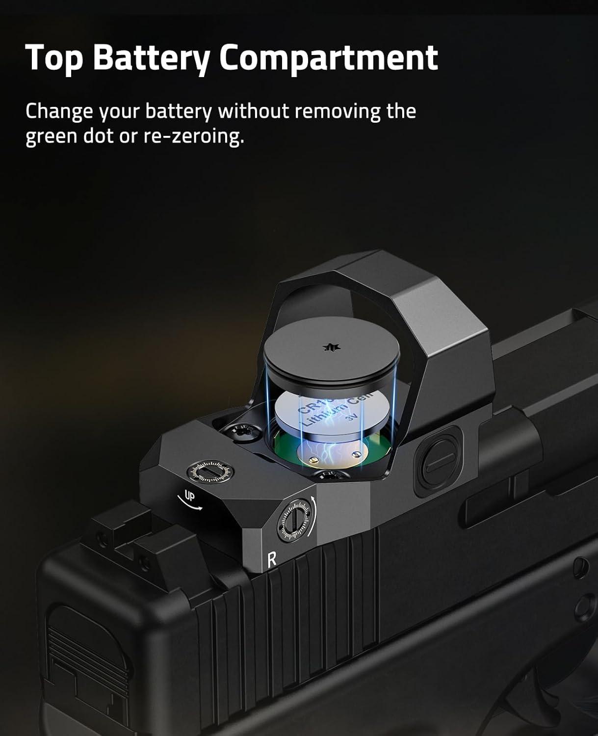 image:imageCVLIFE WolfCovert FullSized Optic Motion Awake RedGreen Dot Sight for RMR Cut Footprint 28mm Large Lens 3MOA Shockproof Open Reflex Sight with Adapter Plate for MOS and 21mm Picatinny BaseGreen Dot