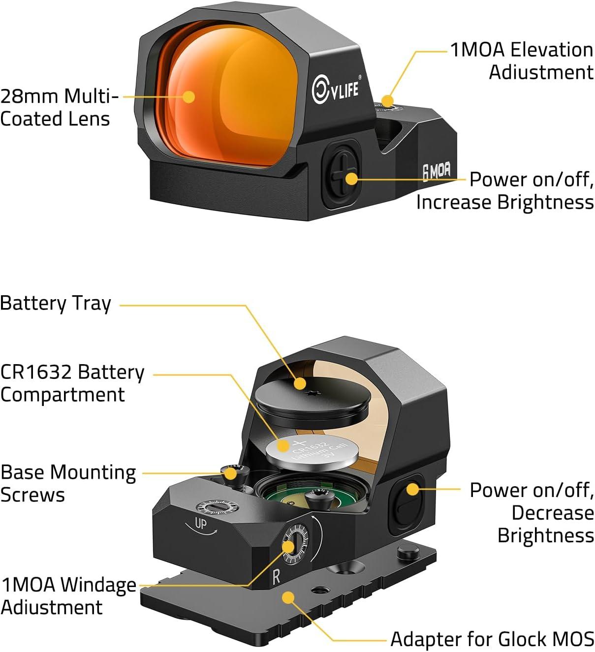 image:imageCVLIFE WolfCovert Motion Awake 6 MOA Pistol RedGreen Dot Sight for RMR 11 Large Lens Red Dot Scope for FullSized Pistols Open Reflex Optics Sight with Adapter for MOS amp 21MM PicatinnyRed Dot