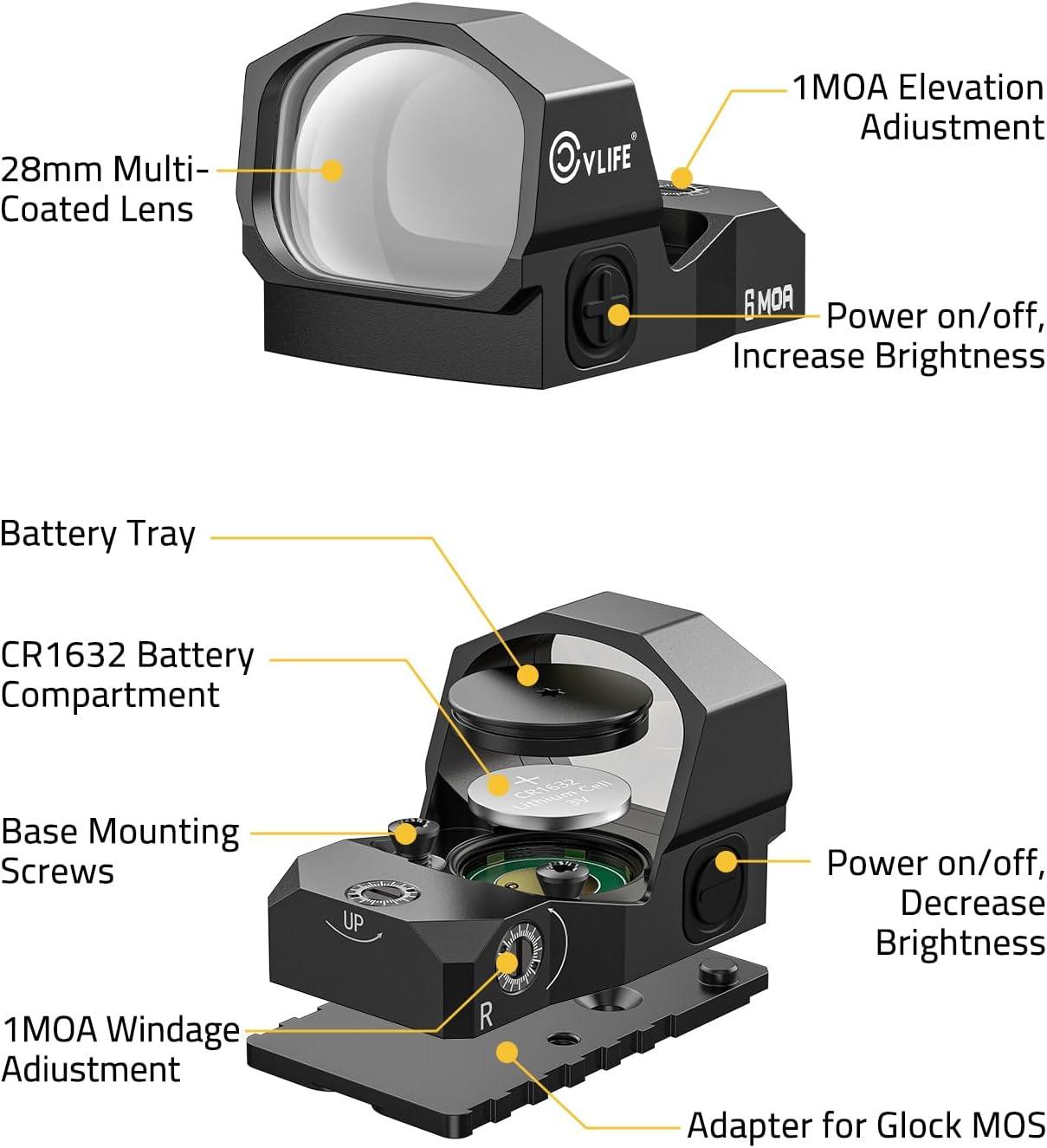 image:imageCVLIFE WolfCovert Motion Awake 6 MOA Pistol RedGreen Dot Sight for RMR 11 Large Lens Red Dot Scope for FullSized Pistols Open Reflex Optics Sight with Adapter for MOS amp 21MM PicatinnyGreen Dot