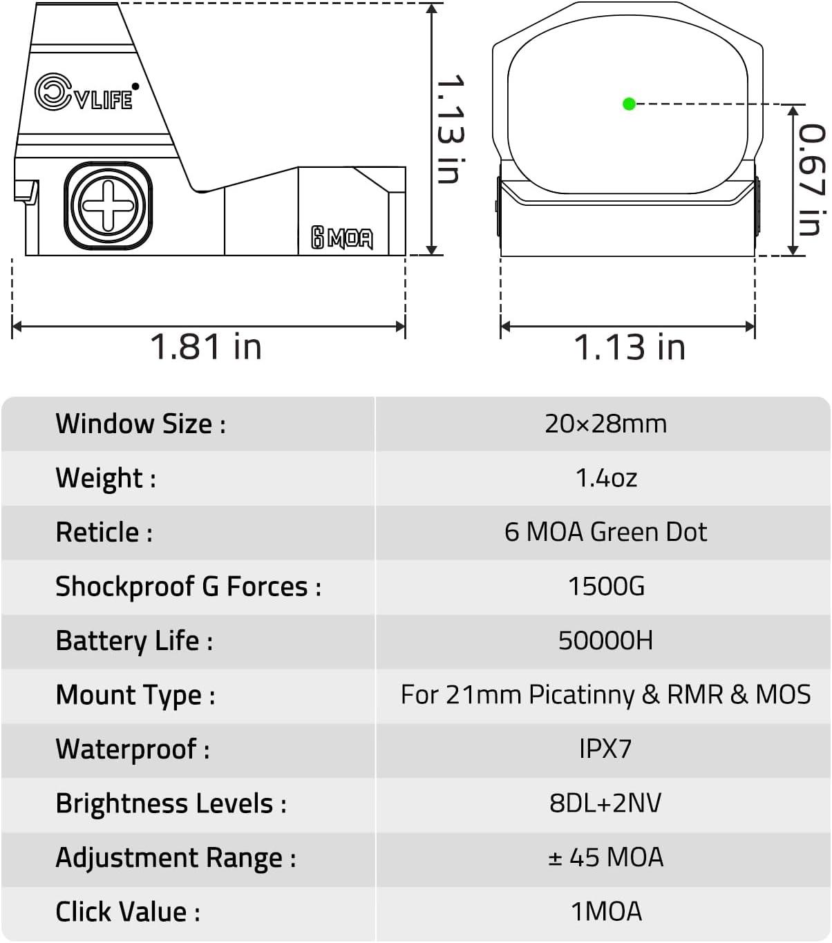 image:imageCVLIFE WolfCovert Motion Awake 6 MOA Pistol RedGreen Dot Sight for RMR 11 Large Lens Red Dot Scope for FullSized Pistols Open Reflex Optics Sight with Adapter for MOS amp 21MM PicatinnyGreen Dot