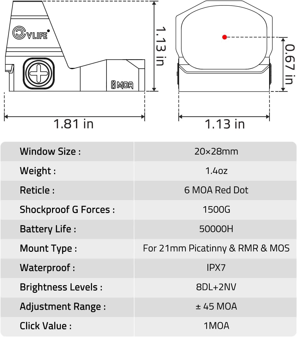 image:imageCVLIFE WolfCovert Motion Awake 6 MOA Pistol RedGreen Dot Sight for RMR 11 Large Lens Red Dot Scope for FullSized Pistols Open Reflex Optics Sight with Adapter for MOS amp 21MM PicatinnyRed Dot