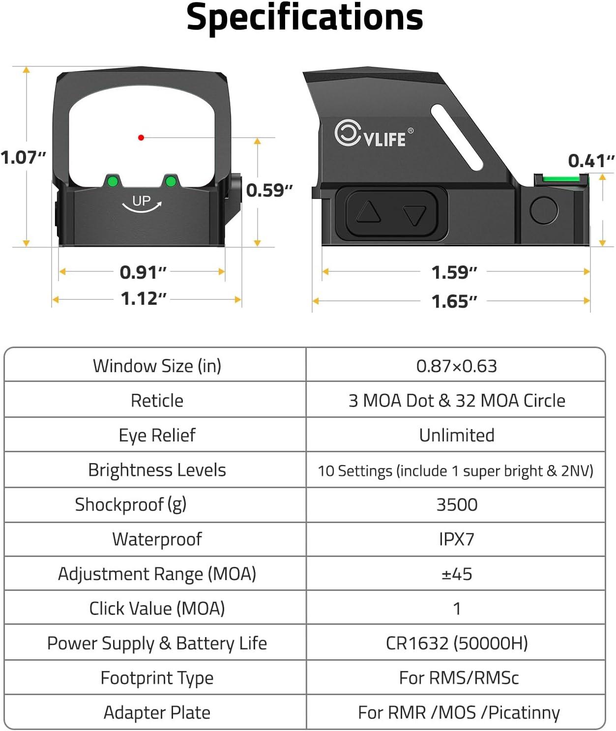image:imageCVLIFE WolfCovert X 3 MOA Dot amp 32 MOA Circle RedGreen Dot Sight for RMS RMSc Motion Awake Fiber Optic Scope for Compact Pistol 3500G Shockproof Open Reflex Sight with Adapter for RMRMOSPicatinnyRed Dot