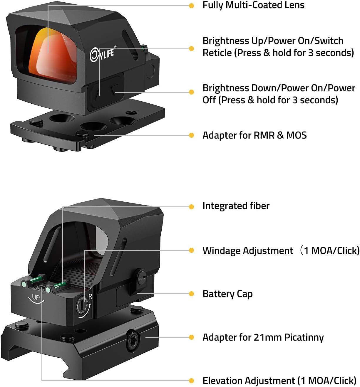 image:imageCVLIFE WolfCovert X 3 MOA Dot amp 32 MOA Circle RedGreen Dot Sight for RMS RMSc Motion Awake Fiber Optic Scope for Compact Pistol 3500G Shockproof Open Reflex Sight with Adapter for RMRMOSPicatinnyRed Dot