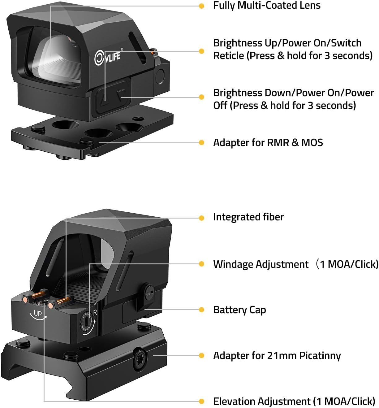 image:imageCVLIFE WolfCovert X 3 MOA Dot amp 32 MOA Circle RedGreen Dot Sight for RMS RMSc Motion Awake Fiber Optic Scope for Compact Pistol 3500G Shockproof Open Reflex Sight with Adapter for RMRMOSPicatinnyGreen Dot