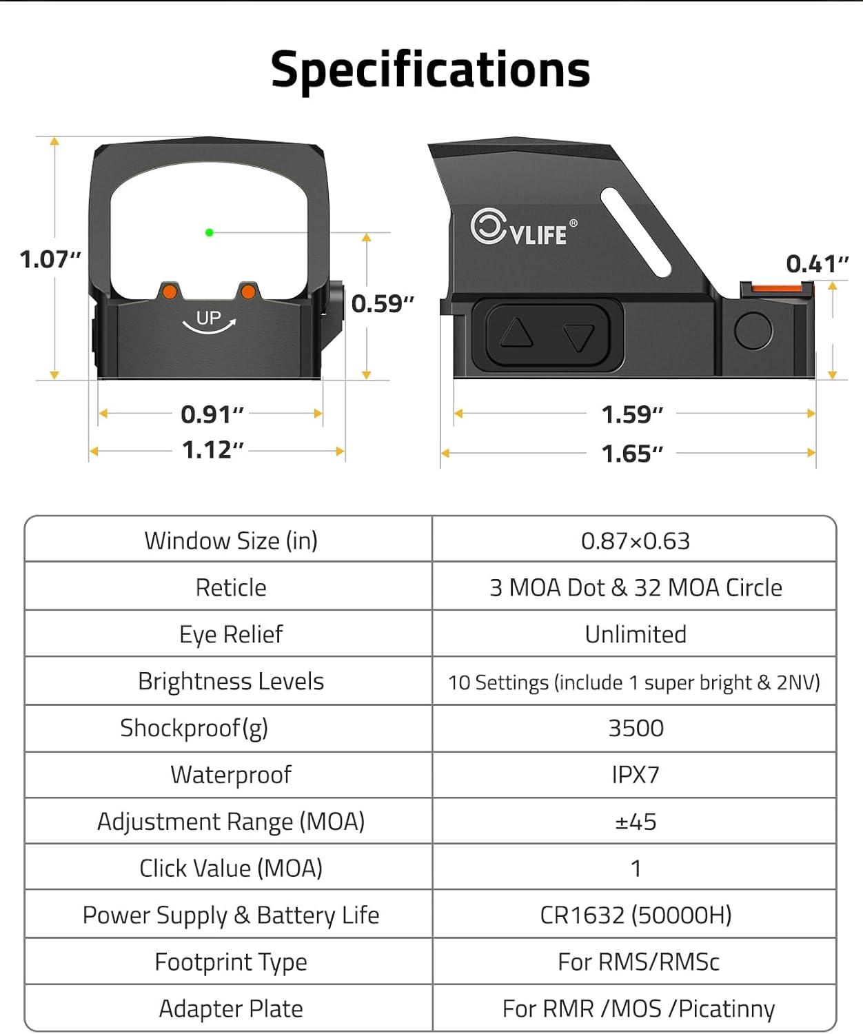 image:imageCVLIFE WolfCovert X 3 MOA Dot amp 32 MOA Circle RedGreen Dot Sight for RMS RMSc Motion Awake Fiber Optic Scope for Compact Pistol 3500G Shockproof Open Reflex Sight with Adapter for RMRMOSPicatinnyGreen Dot