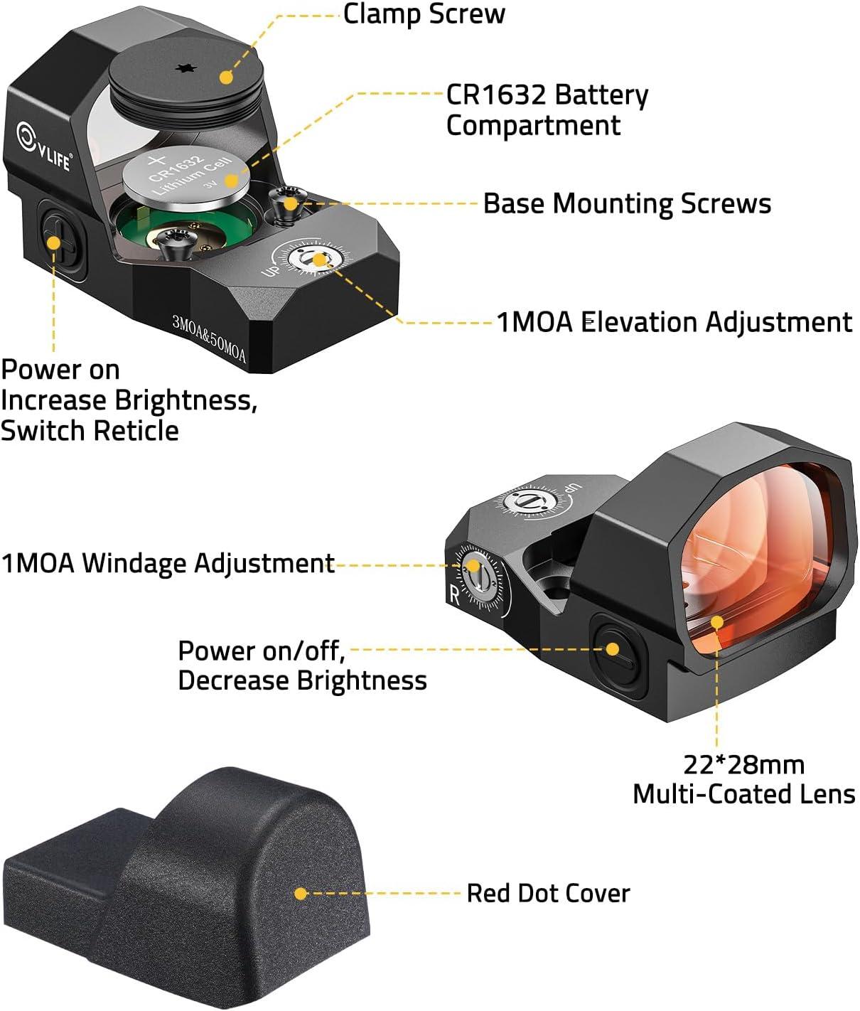 image:imageCVLIFE WolfCovert X S01 Competition Multiple Reticle Red Dot 3 MOA Dot amp 50 MOA Circle Optic 28mm Large Len Motion Awake Red Dot for RMR Open Reflex Optic with Adapter Plate for MOS amp Picatinny