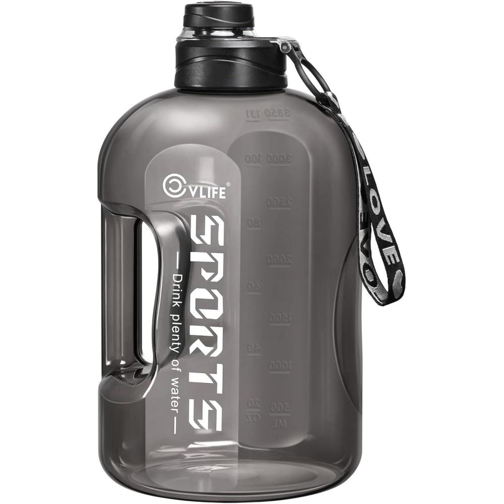 image:imageCVLIFE 1 Gallon Water Bottle with Handle Large Gallon Water Jug with Strap Big Sports Bottle for Gym Reusable Black Water Container 128 oz Leak Proof BPA Free