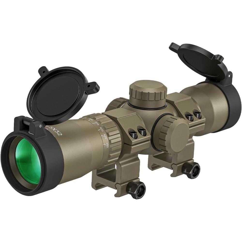 image:imageCVLIFE 155x32 Crossbow Scope 20100 Yards Etched Glass Ballistic Reticle Red Green Illuminated Crossbow Scope for Hunting with 20mm Scope RingsFlat Dark Earth