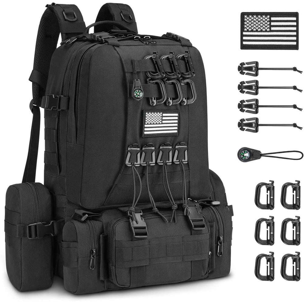 image:imageCVLIFE 60L Tactical Backpack for Men Women Military Large Army Rucksack With DRing Molle Clips Compass Accessories 3 Day Bug Out Survival Molle Bag Hiking Camping Gym Daypack Backpack GreyBlack