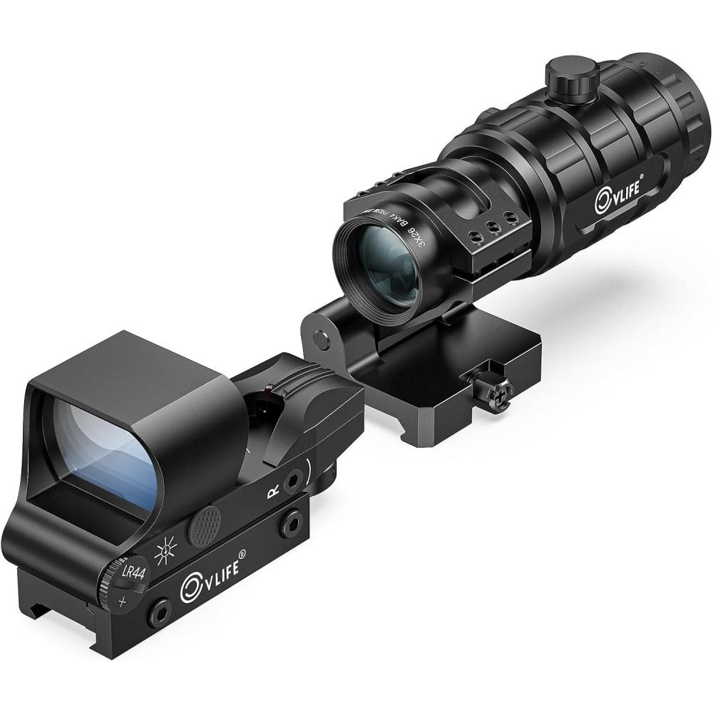 image:imageCVLIFE EagleFeather Multiple Reticle RedGreen Dot and Magnifier Combo 40mm Large Lens RedGreen Dot with 3X Magnifier Absolute CoWitness Open Reflex Optics Sight with FliptoSideGreen Dot Magnifier Combo