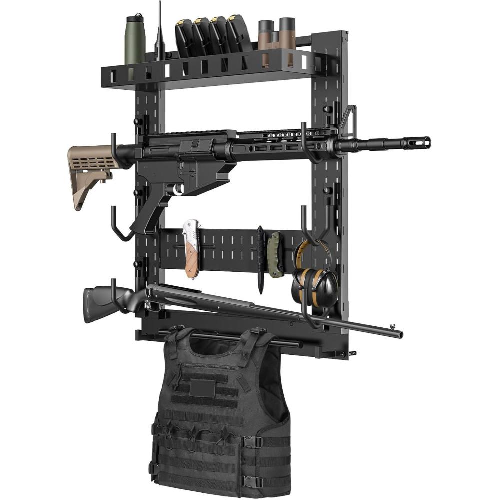 image:imageCVLIFE Gun Rack for Wall Indoor Gun Rack Wall Mount with Shelf amp Accessory Panel Horizontal HeavyDuty Gun Display Holder for RifleShotgun Gear Wall MountedCompact Gun Rack