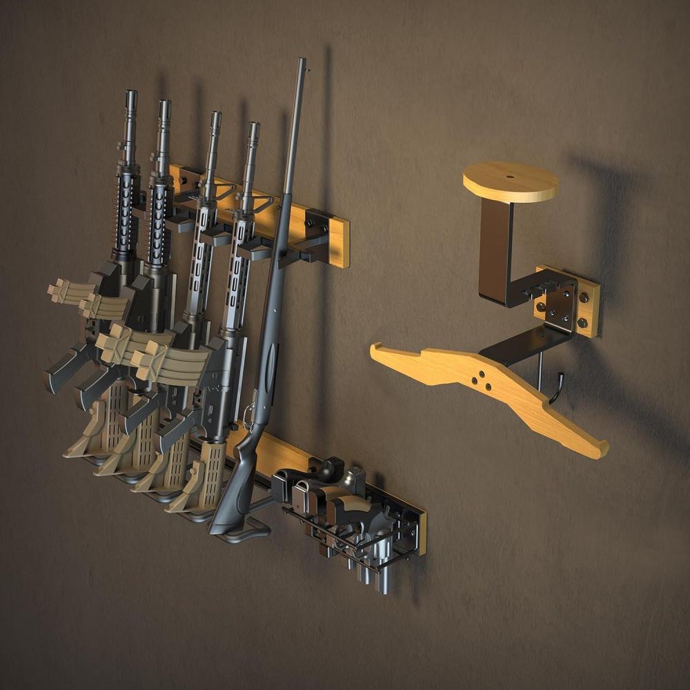 image:imageCVLIFE Gun Rack for Wall with Gear amp Pistol Holder Indoor Wooden Gun Rack Wall Mount for RifleShotgun Vertical Rifle Display Racks with Helmet Vest Hanger Holds up to 5 Rifles 4 Pistols