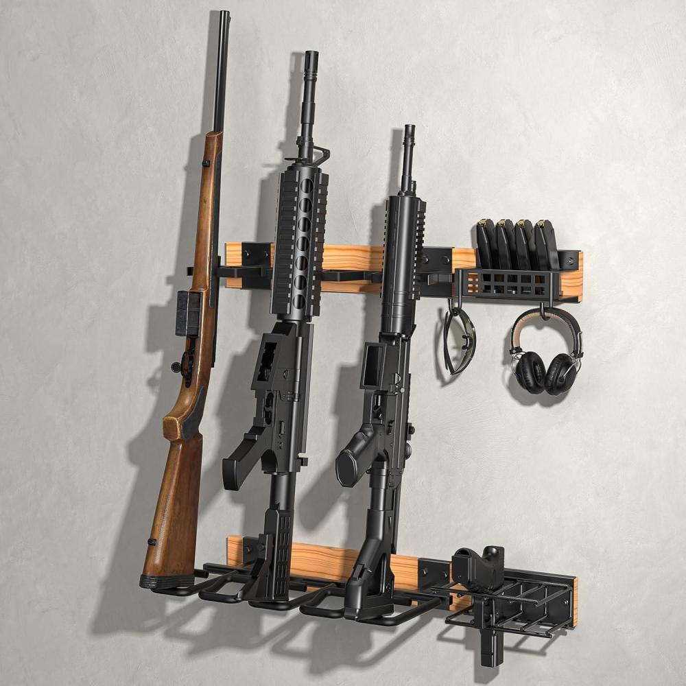 image:imageCVLIFE Indoor Gun Racks Wall Mount 5 Gun Rack with 4 Pistol Holder Solid Wood amp Carbon Steel Wall Gun Racks for Rifle Shotgun Pistol Mag Storage Vertical Wall Mounted Rifle Rack Easy Assembly