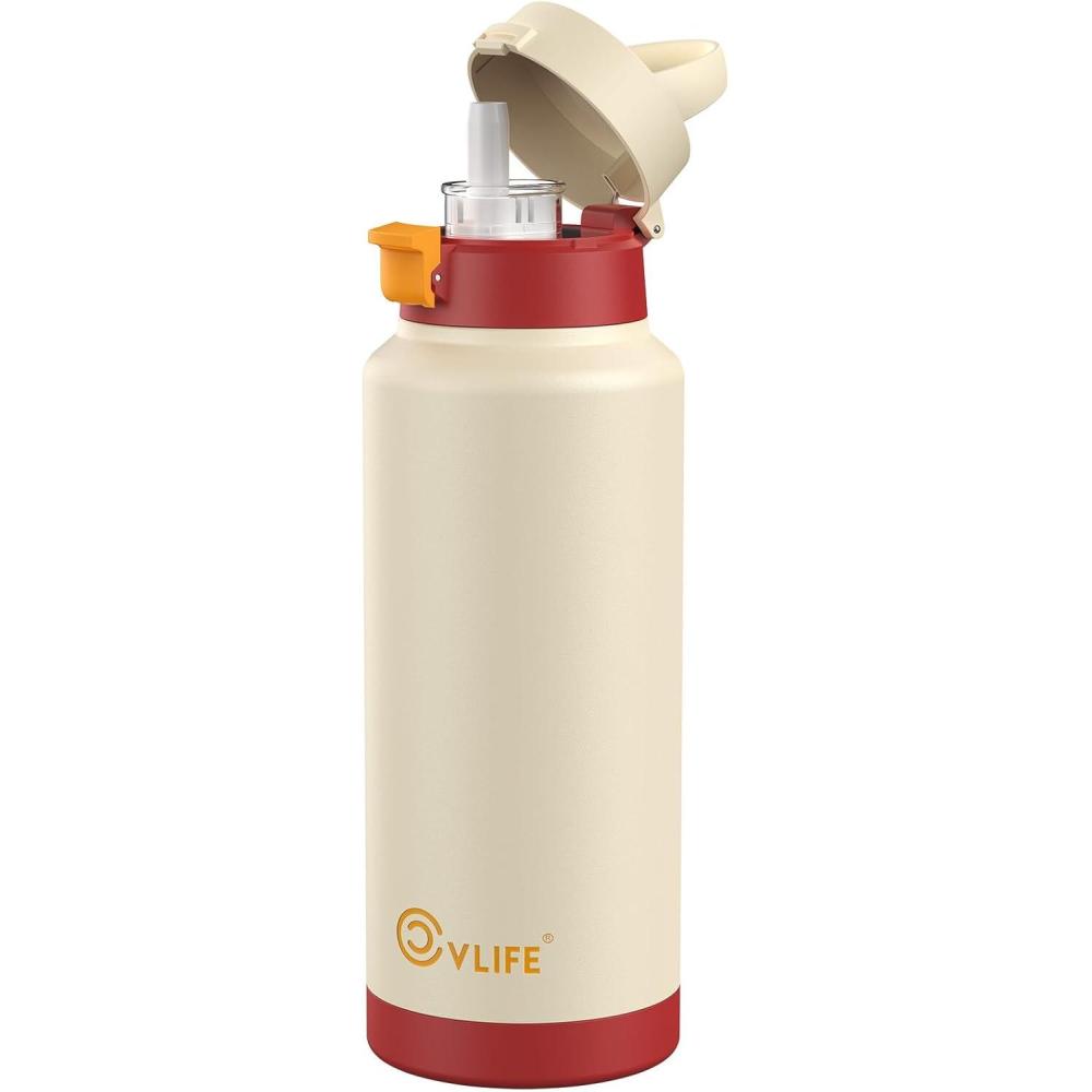 image:imageCVLIFE Insulated Stainless Steel Water Bottle with Straw for Sports and Travel BPAFree Sports Water Bottle 32 oz Summer BlueStrawberry Cream