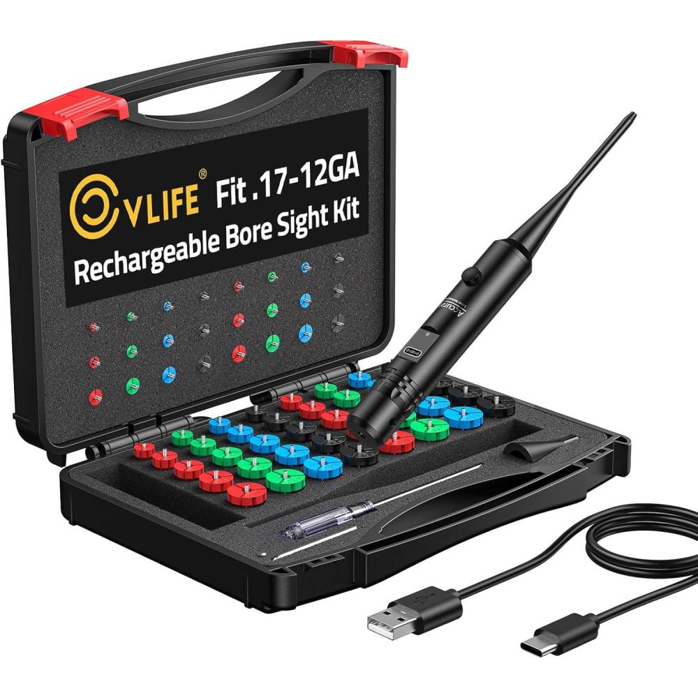 image:imageCVLIFE Rechargeable Bore Sight Laser Kit with 64 Adapters fit 017 to 12GA Calibers Professional RedGreen Laser Bore Sight with Button Switch Powerful Choice for Hunting Bore Sight ToolRed Laser