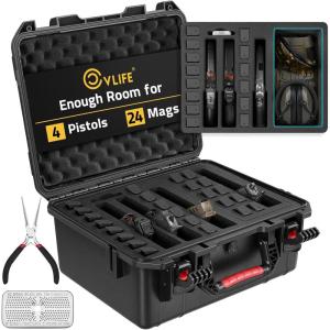 CVLIFE Gun Cases for Handguns, 18″ Pistol Case Holds Multiple Handguns/Mags/Bullets, Hard Shell Pistol Case Heavy Duty Firearm Case for Range Trips, Waterproof & Shockproof Handgun Case(For 4 Pistols & 24 Mags)