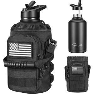 CVLIFE Half Gallon Water Bottle with Straw, 64 oz Insulated Stainless Steel Water Jug, Battle Sports Bottle with Bottle Pouch, Durable Handle, Removable Sleeve for Gym, Hiking, Camping (Black 2 Liter)