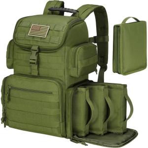 CVLIFE Tactical Range Backpack with Removable Divider, Gun Cases Bag with 4 Pistol Carrying Cases, Rucksack for Shooting (Tan, Medium)(Army Green)