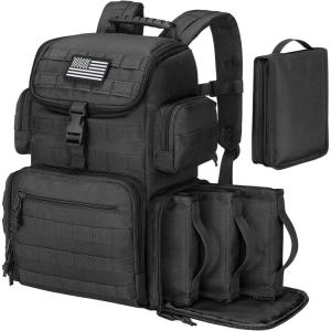 CVLIFE Tactical Range Backpack with Removable Divider, Gun Cases Bag with 4 Pistol Carrying Cases, Rucksack for Shooting (Tan, Medium)(Black)