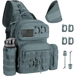 CVLIFE Tactical Sling Bag Backpack for Men Military Shoulder Sling Bag Molle Army Assault Detachable Tactical Bag with Bottle Holder Concealed Carry Daily Day Pack Work Bag for EDC Hiking, Khaki(Grey)