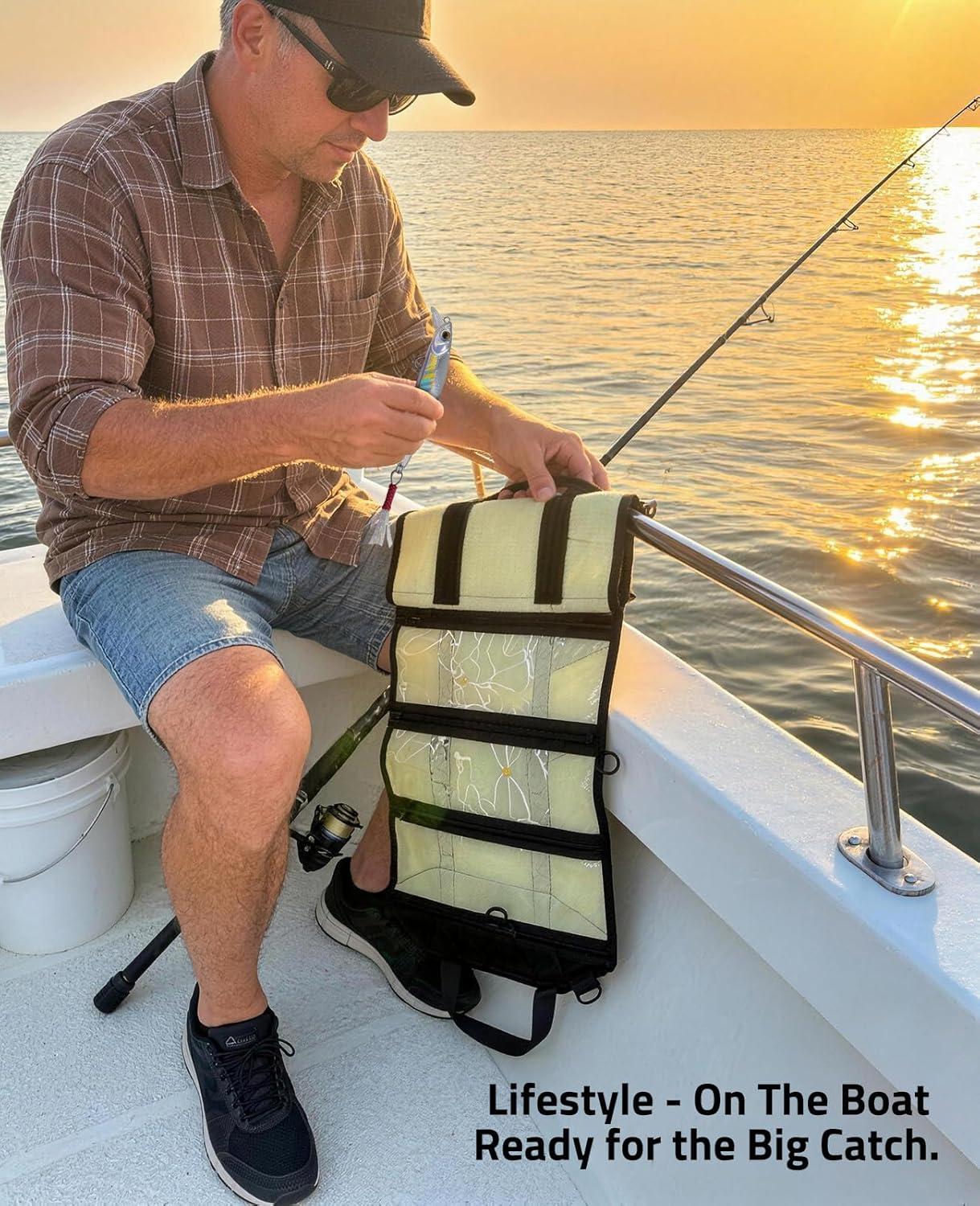 image:imageCVLIFE Fishing Tackle Bag Lure Wrap Organizer Soft Plastic Lure Bait Storage with 6 PVC amp Mesh Pockets Includes 30 Treble Hook Covers 130 Single Bonnets Retractable Hook Sharpener BlueYellow