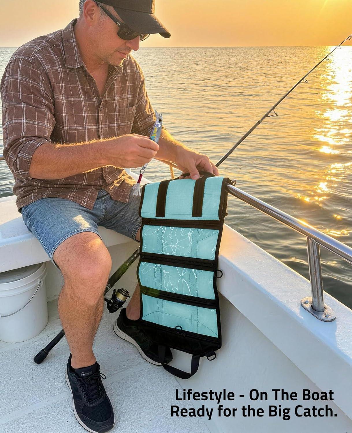 image:imageCVLIFE Fishing Tackle Bag Lure Wrap Organizer Soft Plastic Lure Bait Storage with 6 PVC amp Mesh Pockets Includes 30 Treble Hook Covers 130 Single Bonnets Retractable Hook Sharpener BlueBlue