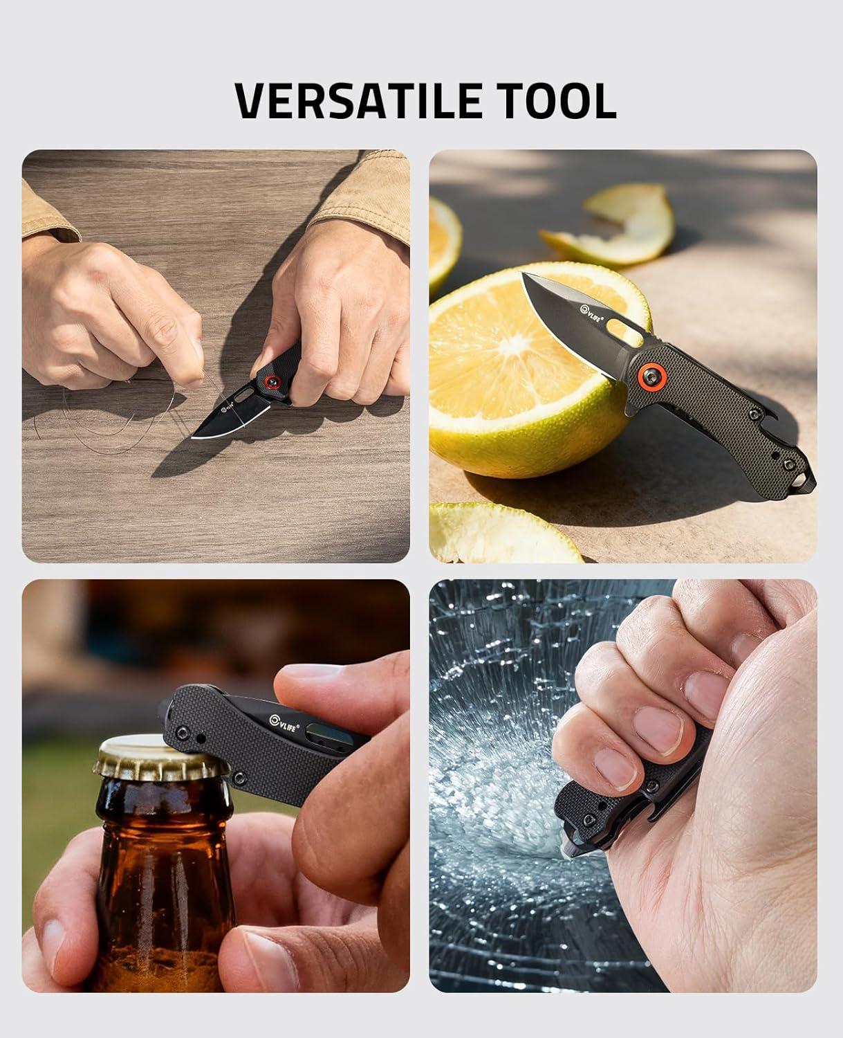 image:imageCVLIFE Mini Folding Pocket Knife 169 8Cr14Mov Steel Blade with G10 Handle Compact Daily Knives for Men Women EDC MultiTool with Bottle Opener and Glass Breaker Ideal for Kitchen Camping Hiking Fishing BlackBlack