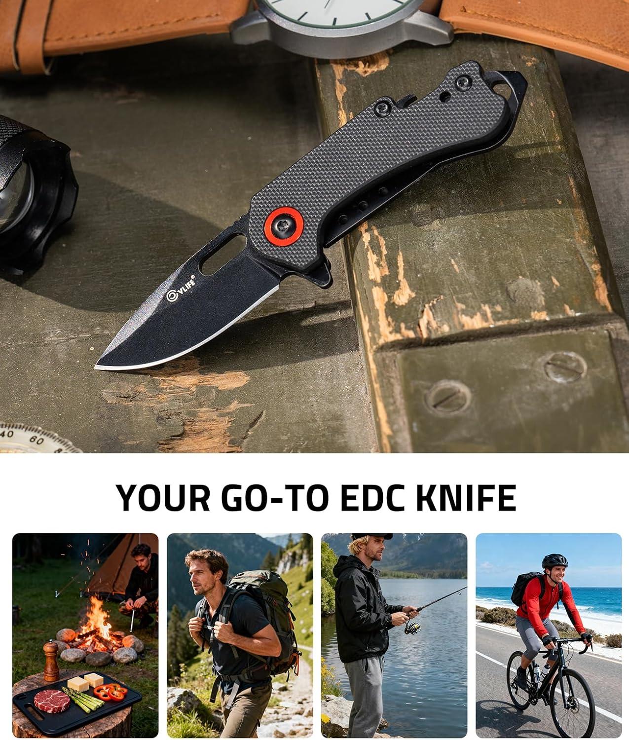 image:imageCVLIFE Mini Folding Pocket Knife 169 8Cr14Mov Steel Blade with G10 Handle Compact Daily Knives for Men Women EDC MultiTool with Bottle Opener and Glass Breaker Ideal for Kitchen Camping Hiking Fishing BlackBlack