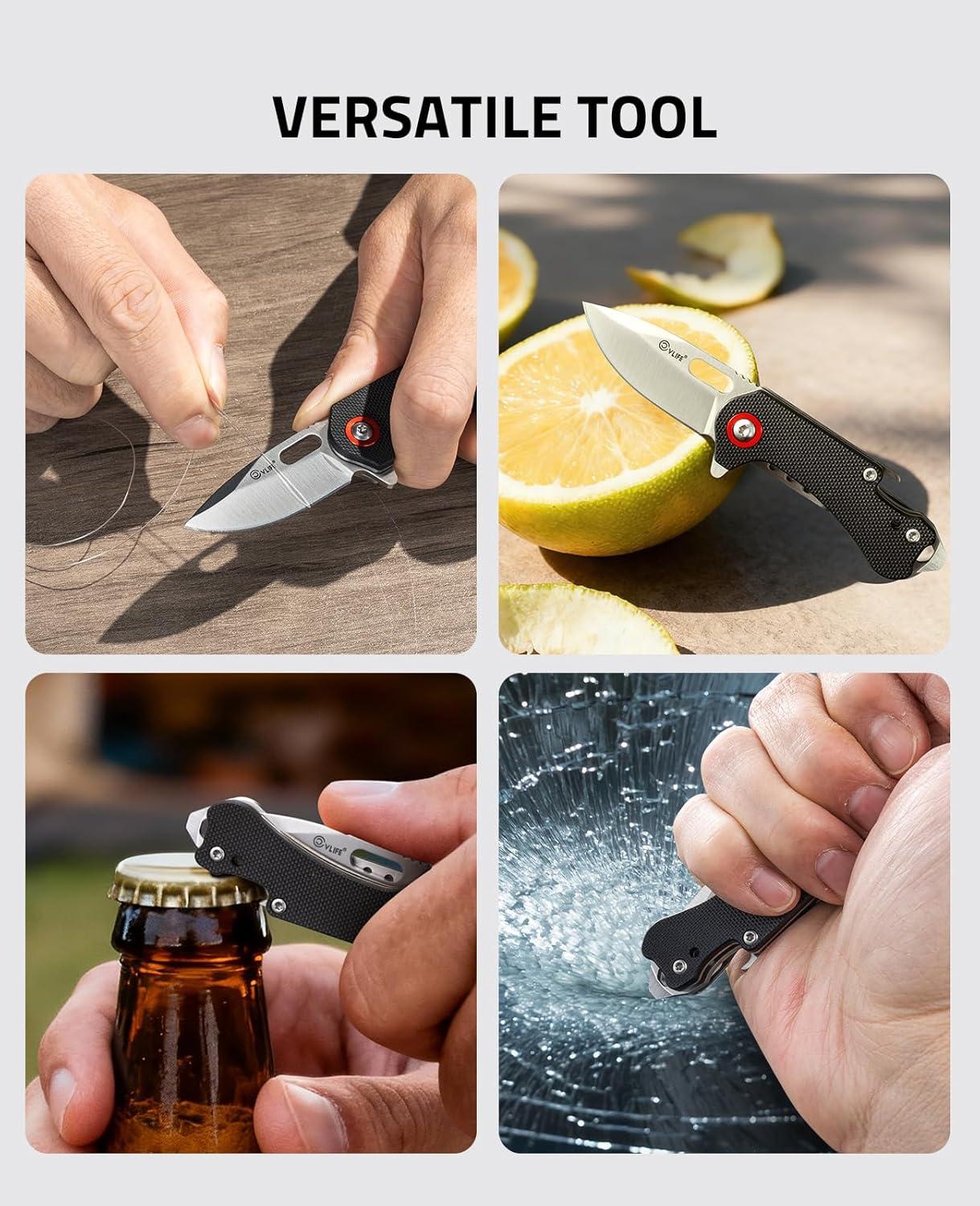 image:imageCVLIFE Mini Folding Pocket Knife 169 8Cr14Mov Steel Blade with G10 Handle Compact Daily Knives for Men Women EDC MultiTool with Bottle Opener and Glass Breaker Ideal for Kitchen Camping Hiking Fishing BlackSilver