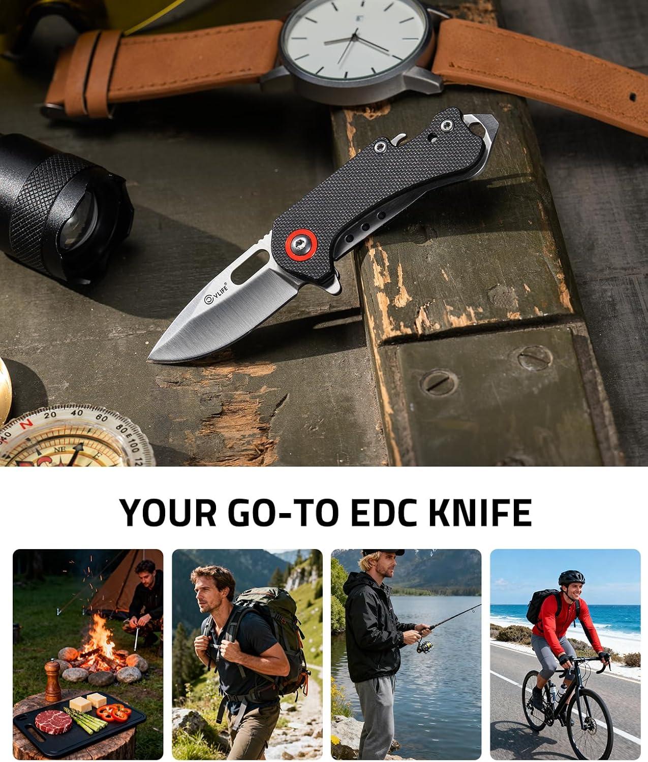 image:imageCVLIFE Mini Folding Pocket Knife 169 8Cr14Mov Steel Blade with G10 Handle Compact Daily Knives for Men Women EDC MultiTool with Bottle Opener and Glass Breaker Ideal for Kitchen Camping Hiking Fishing BlackSilver