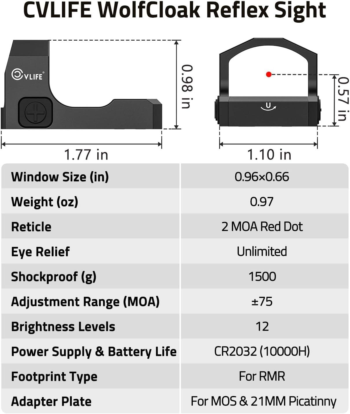 image:imageCVLIFE WolfCloak Motion Awake Red Dot Sight for RMR Footprint 2 MOA Reflex Sight for FullSized Pistols 1500G Shockproof Optics Scope with 033 Low Profile Adapter for Glock MOS and 21mm Picatinny