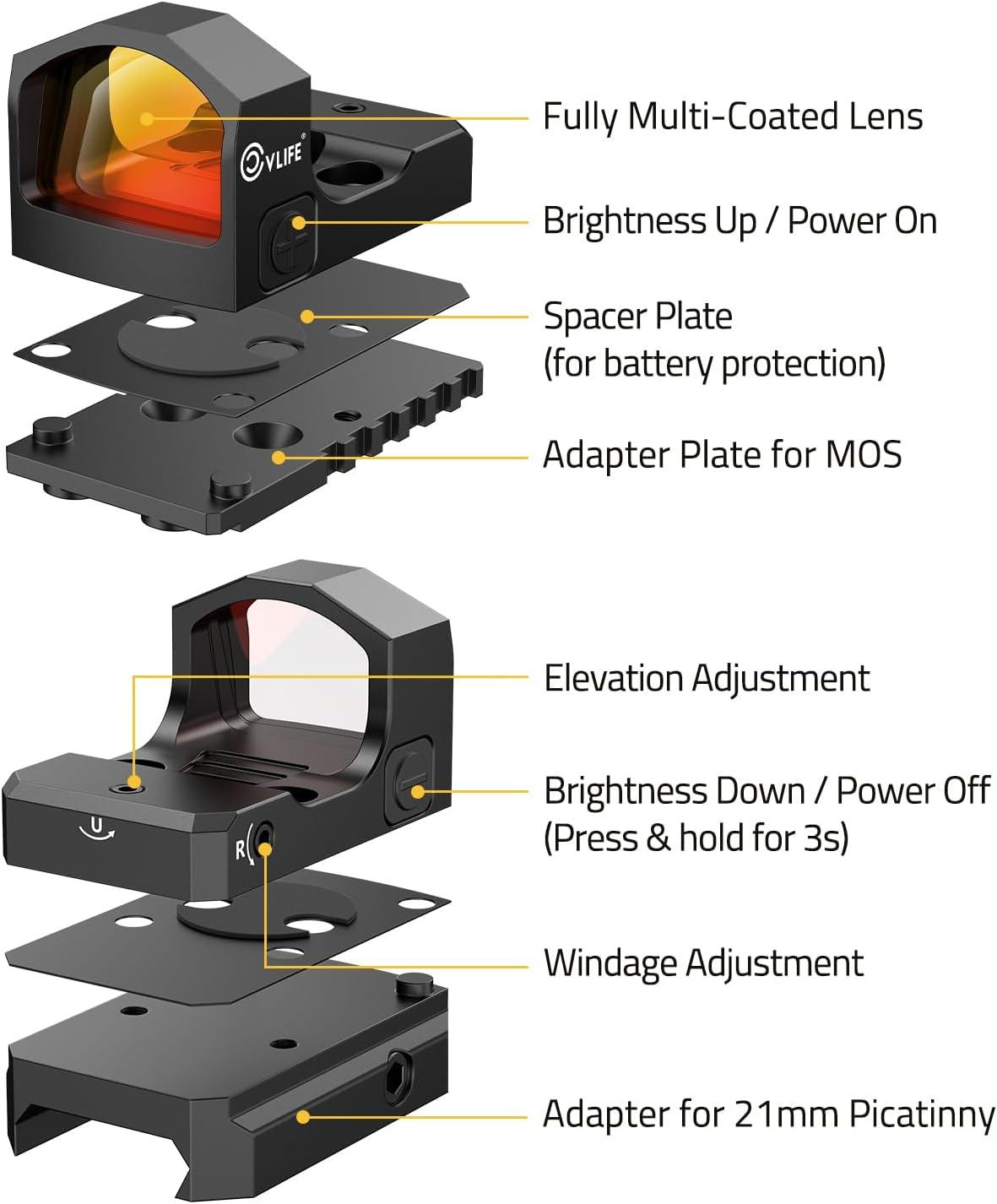 image:imageCVLIFE WolfCloak Motion Awake Red Dot Sight for RMR Footprint 2 MOA Reflex Sight for FullSized Pistols 1500G Shockproof Optics Scope with 033 Low Profile Adapter for Glock MOS and 21mm Picatinny