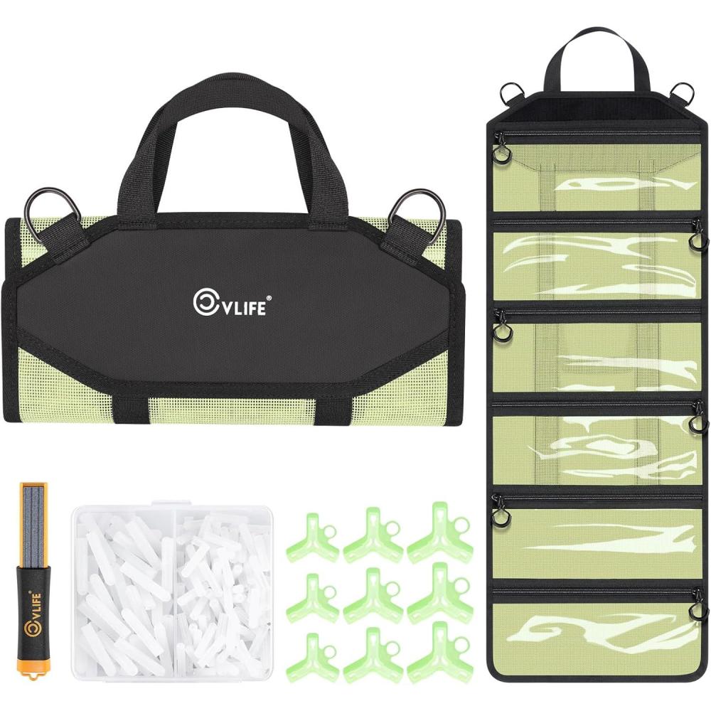 image:imageCVLIFE Fishing Tackle Bag Lure Wrap Organizer Soft Plastic Lure Bait Storage with 6 PVC amp Mesh Pockets Includes 30 Treble Hook Covers 130 Single Bonnets Retractable Hook Sharpener BlueYellow