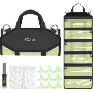 CVLIFE Fishing Tackle Bag, Lure Wrap Organizer, Soft Plastic Lure Bait Storage with 6 PVC & Mesh Pockets, Includes 30 Treble Hook Covers, 130 Single Bonnets, Retractable Hook Sharpener, Blue(Yellow)