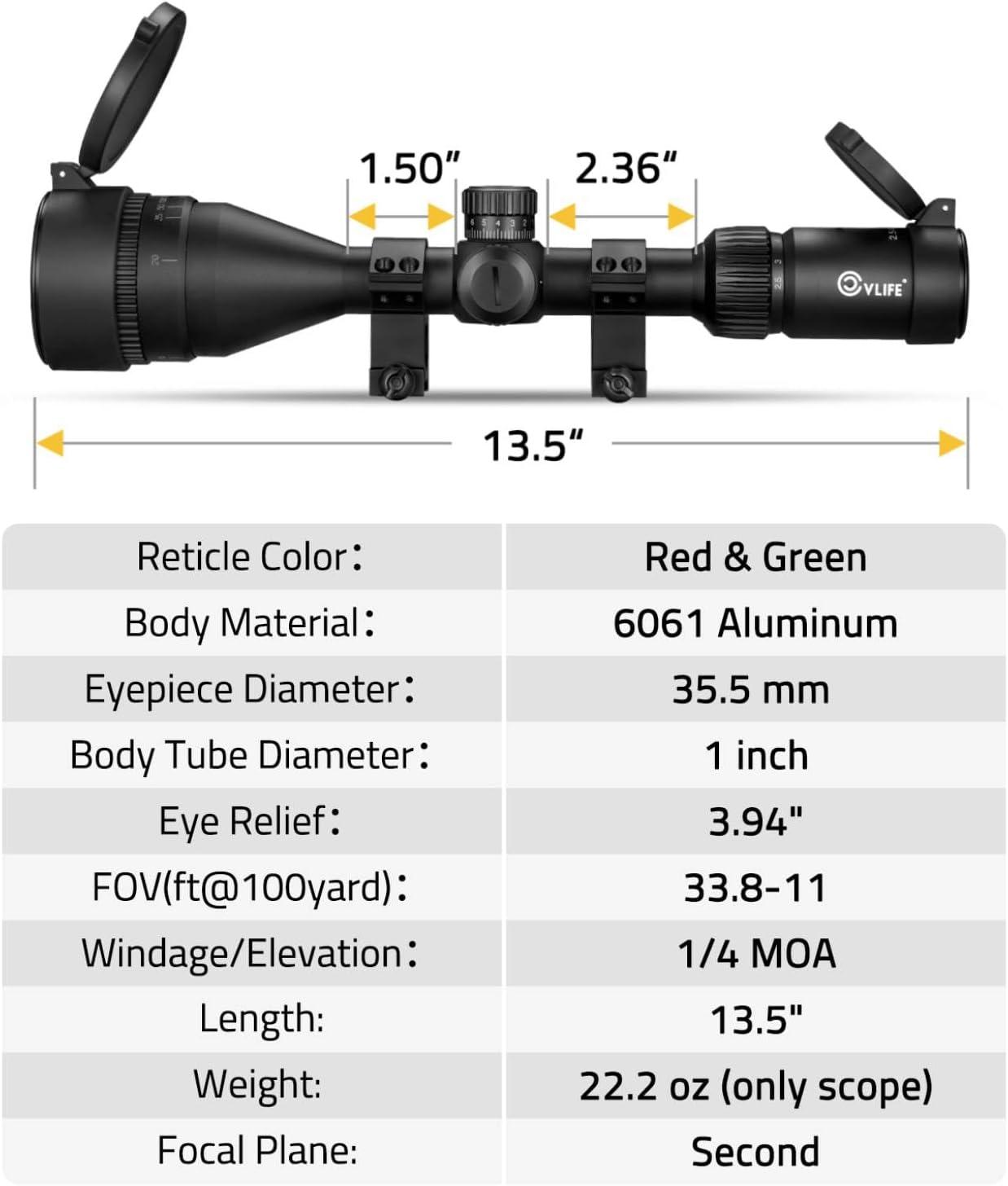 image:imageCVLIFE EagleFeather 2510X50 AO Rifle Scope Medium Range Scope with RedGreen Illuminated Mildot Reticle and Front Parallax Adjustment 1 inch Tube