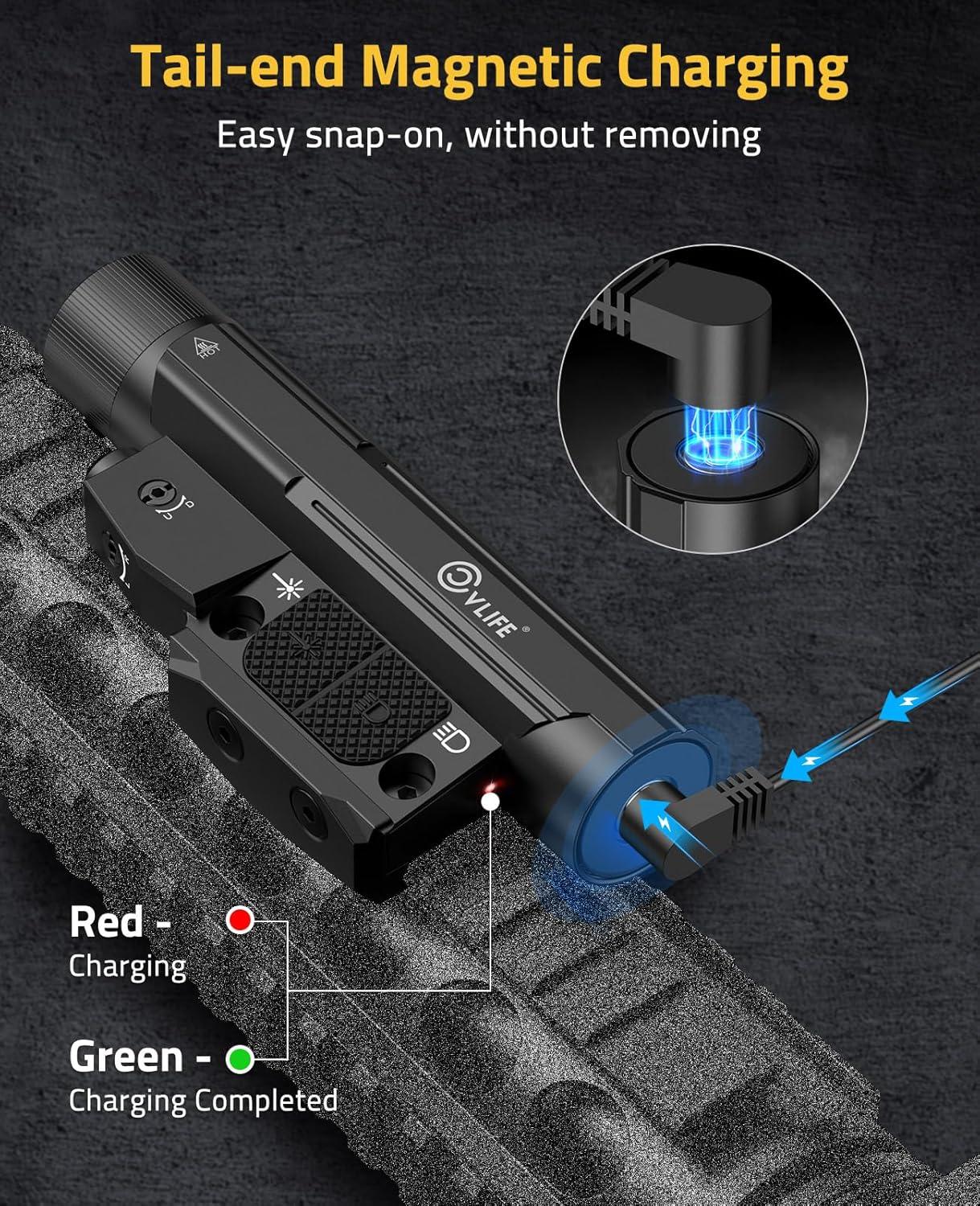 image:imageCVLIFE 2600 Lumens Compact Rifle Laser Light Combo with Easy Touch Switch Ar Light Compatible with MRail and Picatinny Magnetic Rechargeable Ar Flashlight with Green Laser for Home Defense HuntingGreen Laser Light Combo