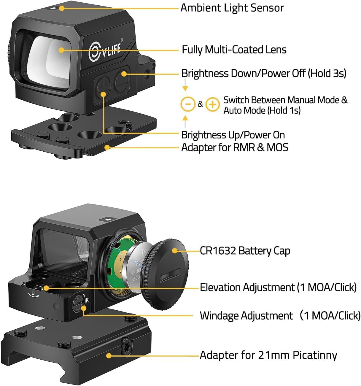 image:imageCVLIFE WildHawk Enclosed AutoBrightness RedGreen Dot Sight for RMS RMSc Circle amp 2MOA Dot Motion Awake Reflex Sight Optic Scope for Compact Pistol 3500G Shockproof Adapter for MOSRMRPicatinnyGreen 2 MOA Dot 38 MOA Circle