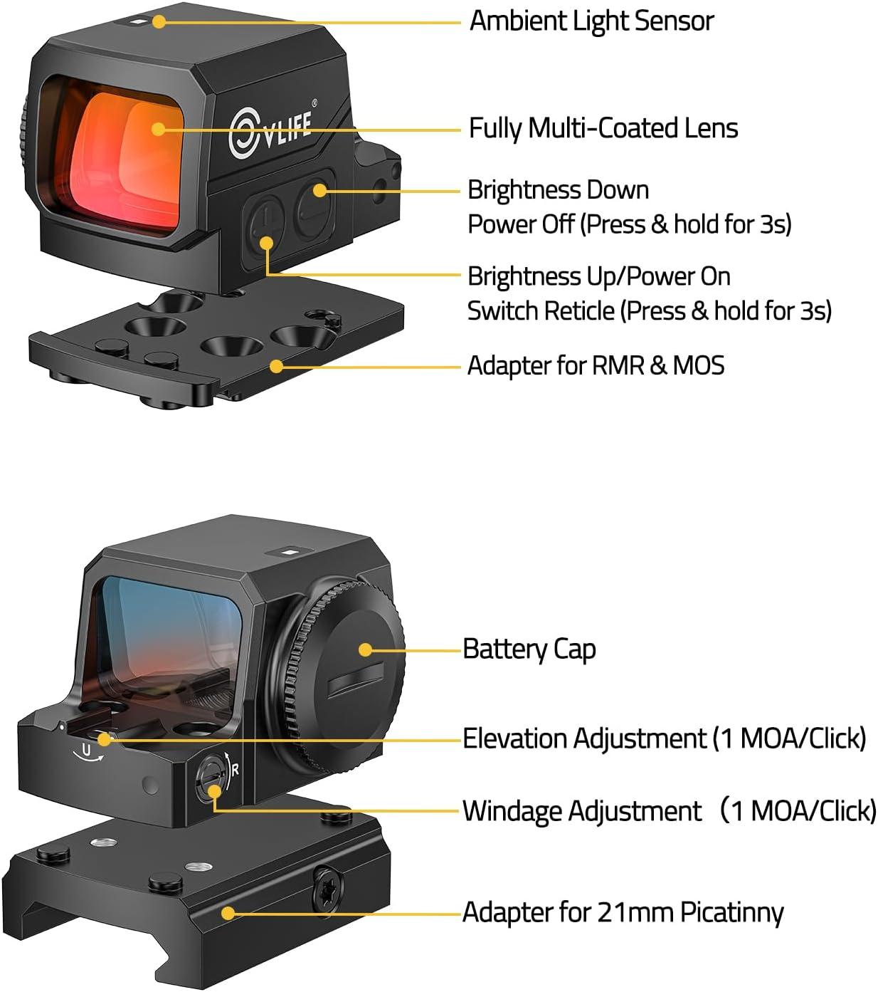 image:imageCVLIFE WildHawk Enclosed AutoBrightness RedGreen Dot Sight for RMS RMSc Circle amp 2MOA Dot Motion Awake Reflex Sight Optic Scope for Compact Pistol 3500G Shockproof Adapter for MOSRMRPicatinnyRed 2 MOA Dot 32 MOA Circle