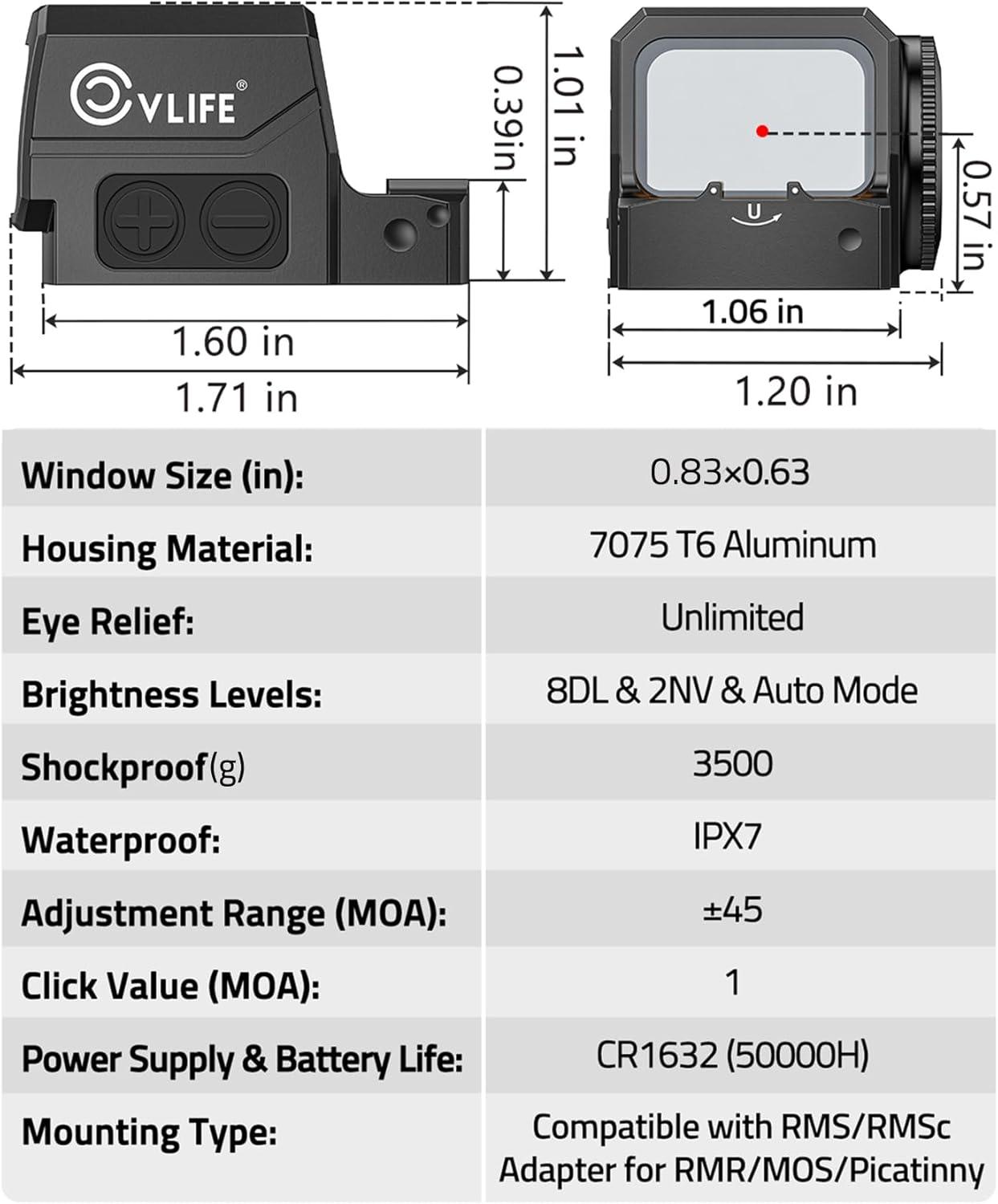 image:imageCVLIFE WildHawk Enclosed AutoBrightness RedGreen Dot Sight for RMS RMSc Circle amp 2MOA Dot Motion Awake Reflex Sight Optic Scope for Compact Pistol 3500G Shockproof Adapter for MOSRMRPicatinnyRed 2 MOA Dot 32 MOA Circle