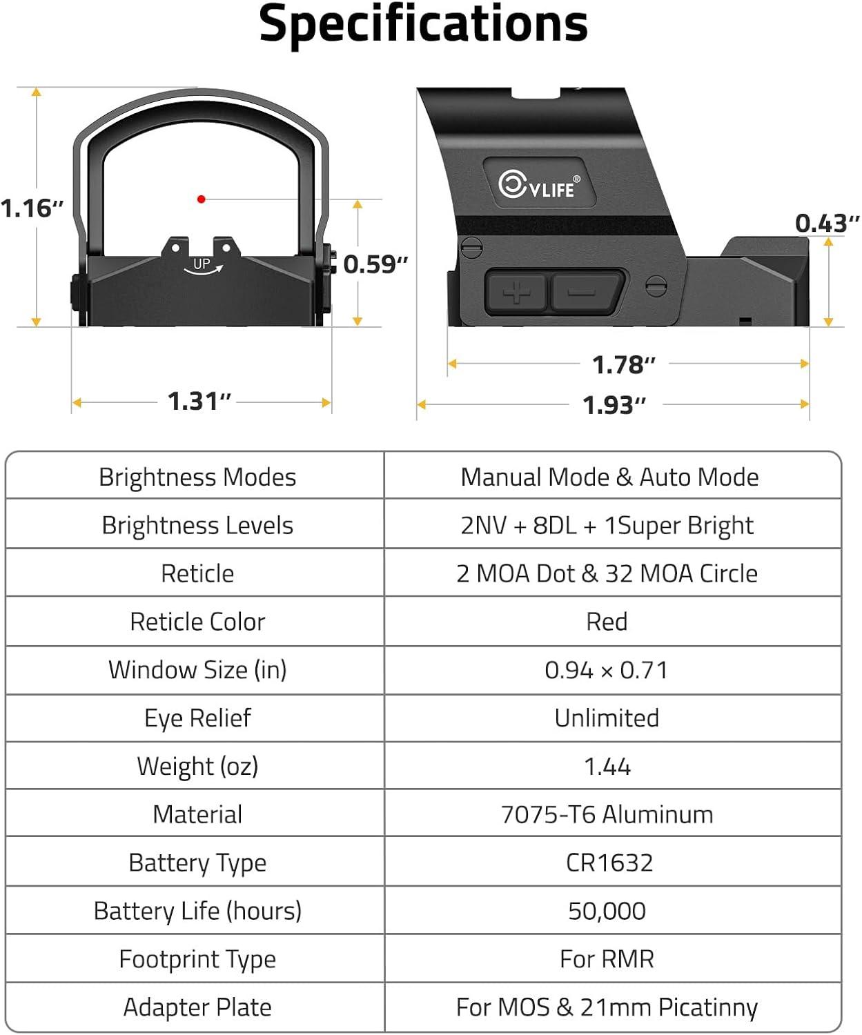 image:imageCVLIFE BearMight AutoBrightness Red Dot Sight with Hood for RMR 5000G Shockproof 2 MOA Dot amp 32 MOA Circle Open Reflex Optics Motion Awake Scope for FullSized Pistols Adapter for MOS amp Picatinny