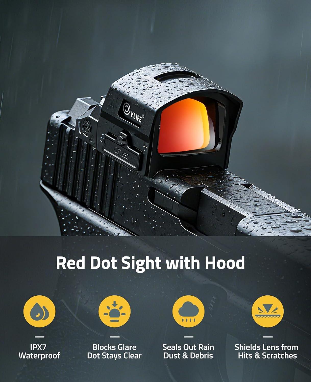 image:imageCVLIFE BearMight AutoBrightness Red Dot Sight with Hood for RMR 5000G Shockproof 2 MOA Dot amp 32 MOA Circle Open Reflex Optics Motion Awake Scope for FullSized Pistols Adapter for MOS amp Picatinny
