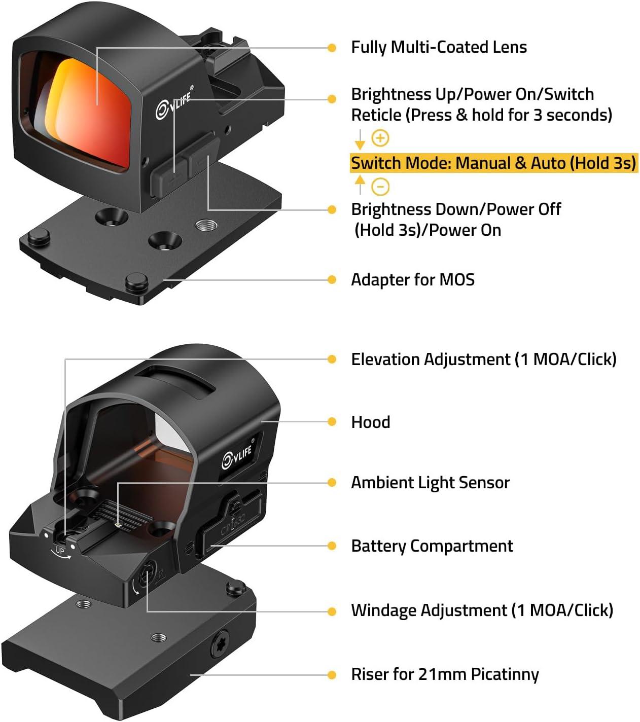 image:imageCVLIFE BearMight AutoBrightness Red Dot Sight with Hood for RMR 5000G Shockproof 2 MOA Dot amp 32 MOA Circle Open Reflex Optics Motion Awake Scope for FullSized Pistols Adapter for MOS amp Picatinny