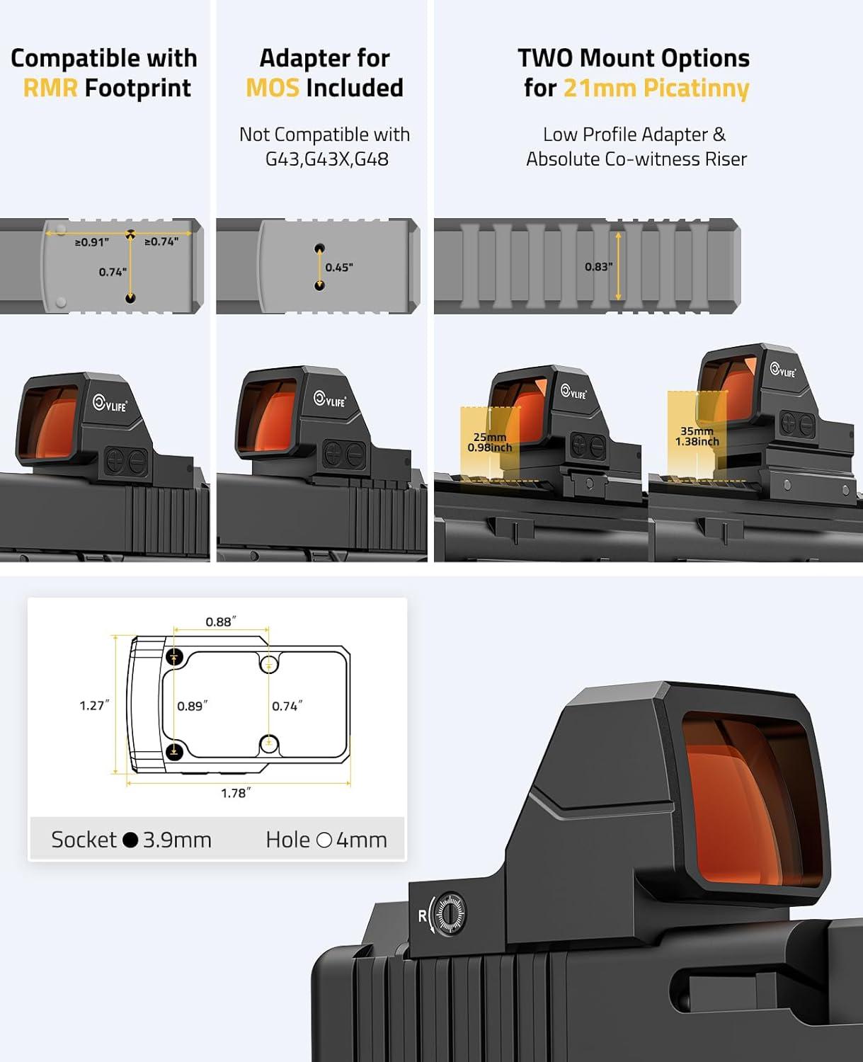 image:imageCVLIFE WildHawk Solar Auto Brightness Red Dot Sight for RMR 2MOA Dot amp 40MOA Circle Large Lens Open Reflex Optics Motion Awake Red Dot Scope with Adapter for MOS amp 21mm Picatinny Absolute Cowitness