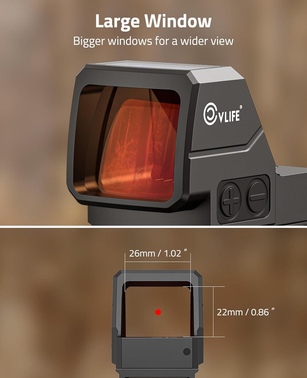 image:imageCVLIFE WildHawk Solar Auto Brightness Red Dot Sight for RMR 2MOA Dot amp 40MOA Circle Large Lens Open Reflex Optics Motion Awake Red Dot Scope with Adapter for MOS amp 21mm Picatinny Absolute Cowitness